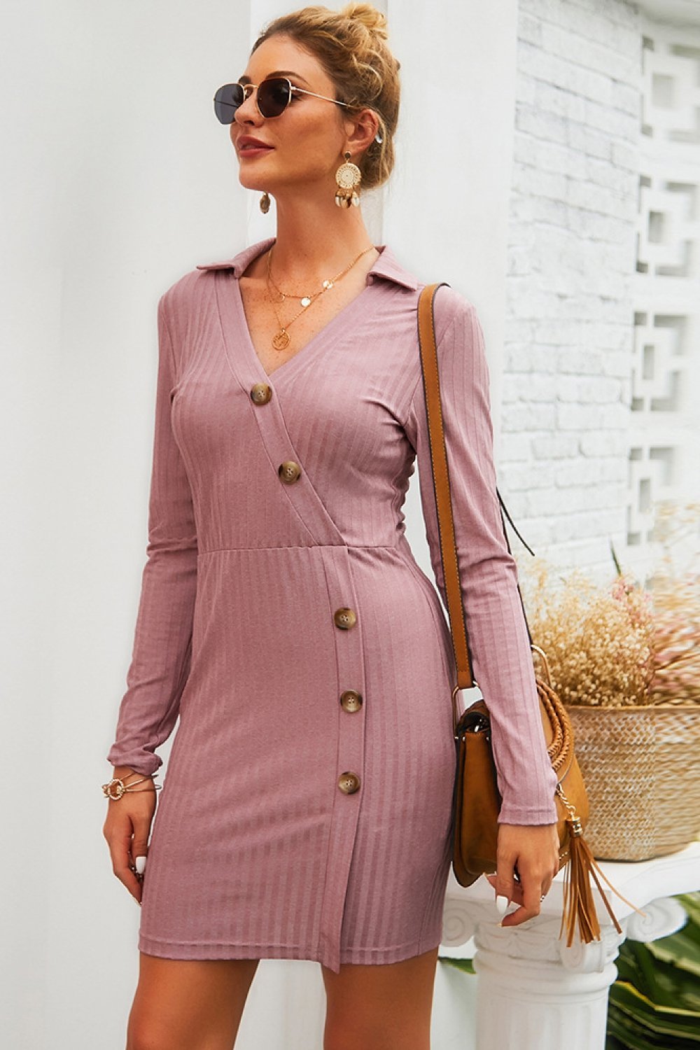 Solid Color V Neck Buttons Mid Dress - Pavacat