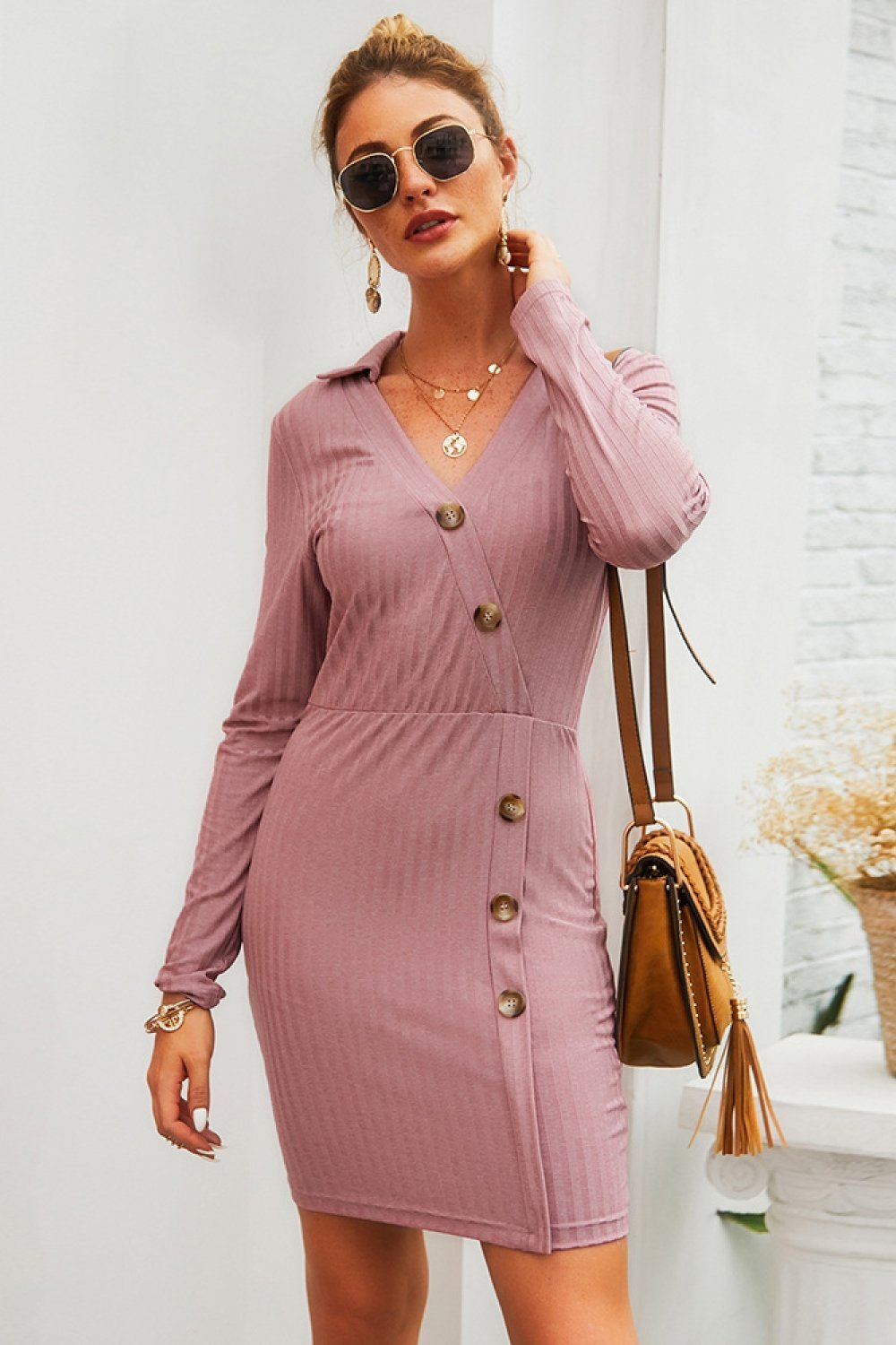 Solid Color V Neck Buttons Mid Dress - Pavacat