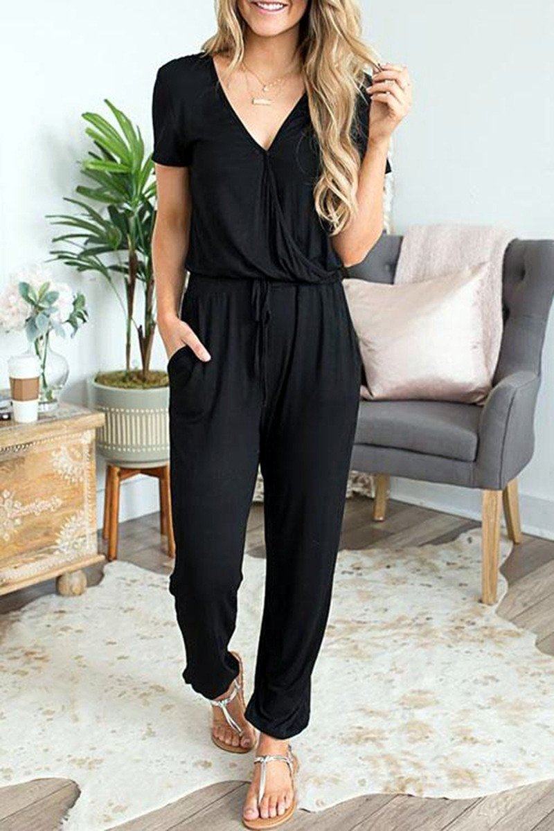 Solid Color V Neck Jumpsuit Jumpsuits & Rompers 5201901201215 