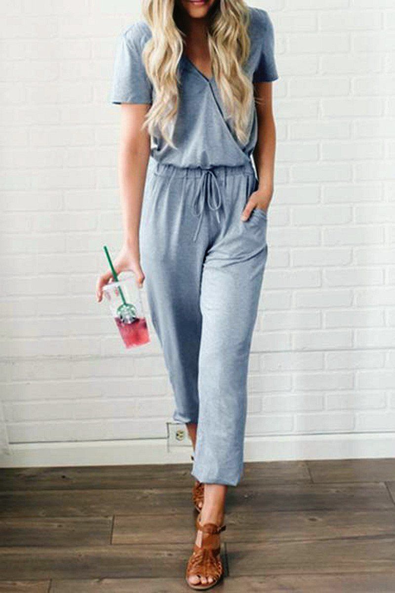 Solid Color V Neck Jumpsuit Jumpsuits & Rompers 5201901201215 