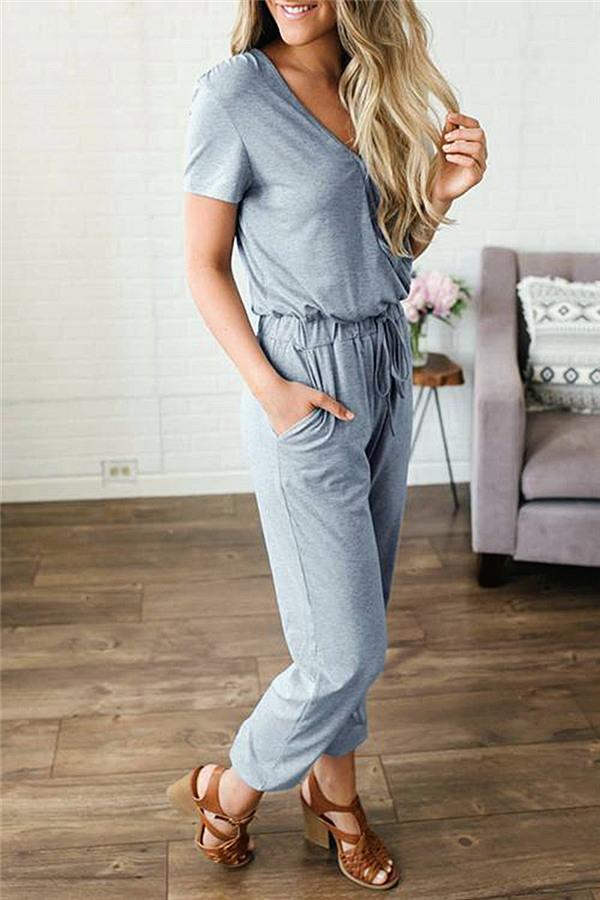 Solid Color V Neck Jumpsuit Jumpsuits & Rompers 5201901201215 