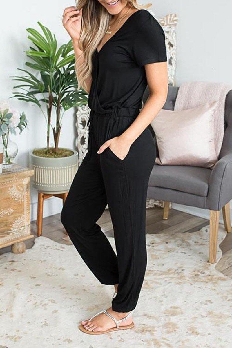 Solid Color V Neck Jumpsuit Jumpsuits & Rompers 5201901201215 
