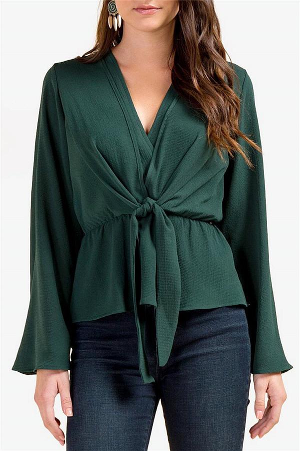 Solid Color V Neck Knot Blouse Blouses & Shirts 5201812281531 