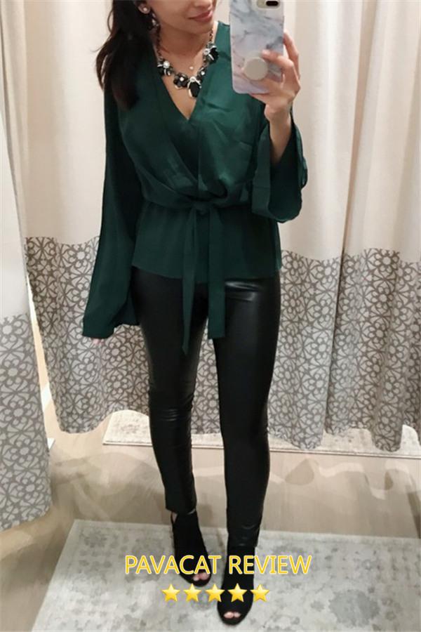 Solid Color V Neck Knot Blouse Blouses & Shirts 5201812281531 