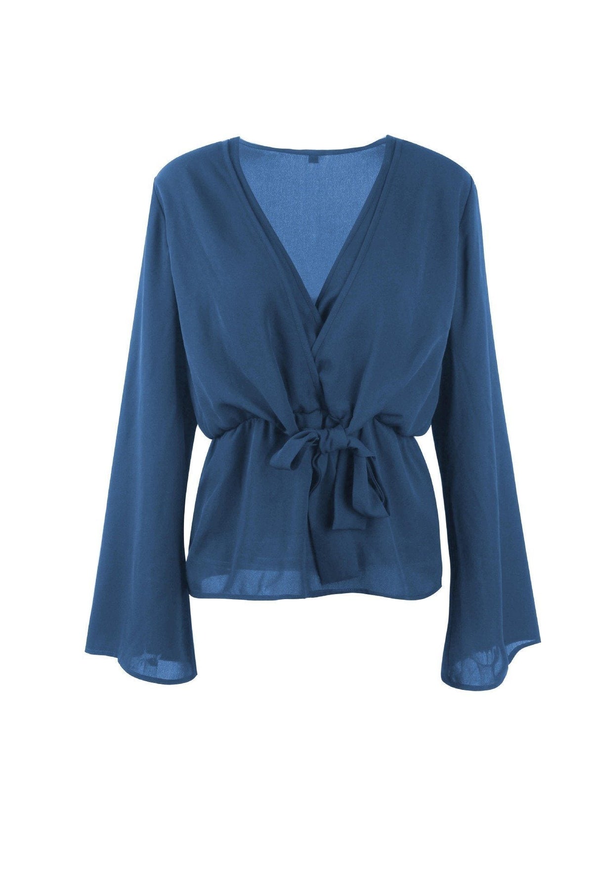 Solid Color V Neck Knot Blouse Blouses & Shirts 5201812281531 L blue 