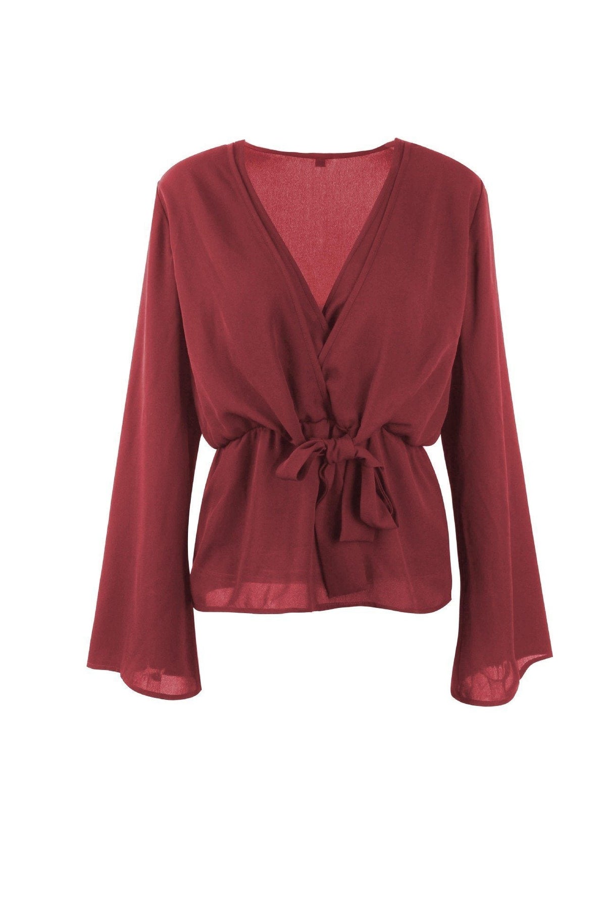 Solid Color V Neck Knot Blouse Blouses & Shirts 5201812281531 L darkred 