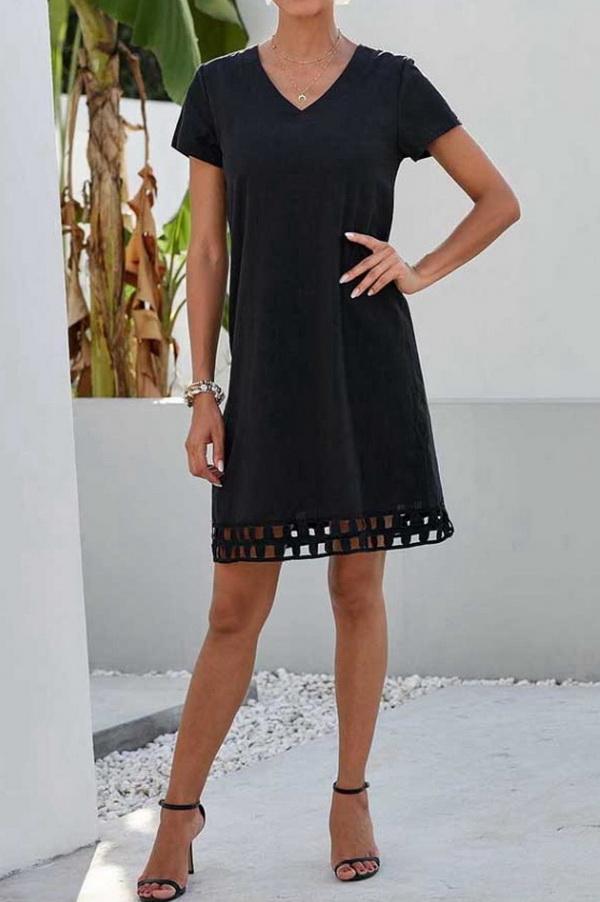 Solid Color V-neck Short-sleeved Slim Dress - Pavacat