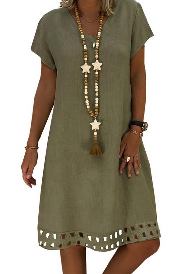 Solid Color V-neck Short-sleeved Slim Dress - Pavacat