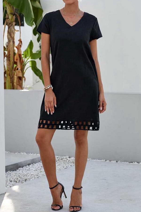 Solid Color V-neck Short-sleeved Slim Dress - Pavacat