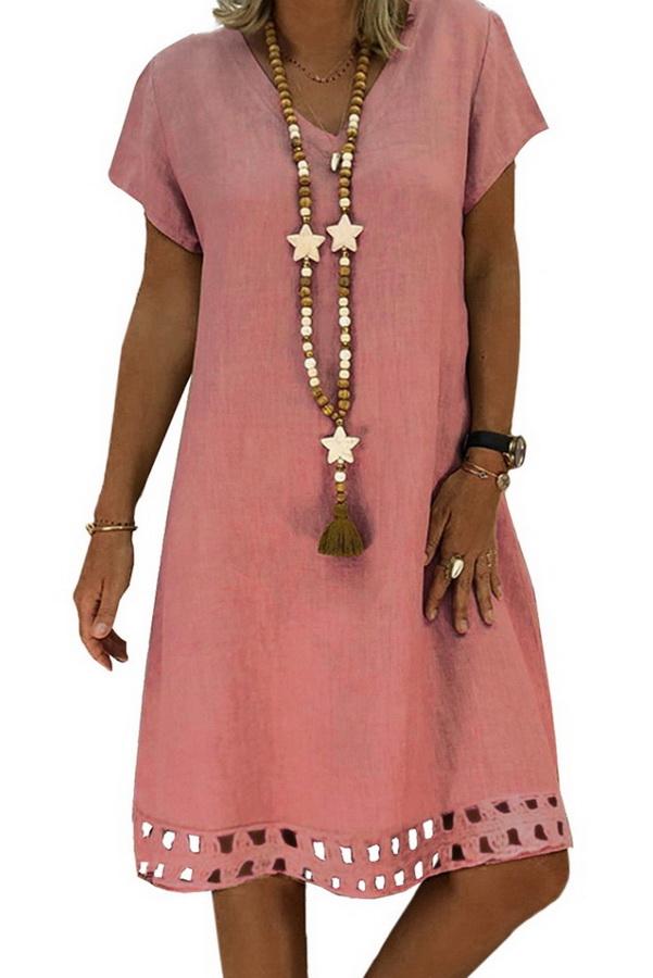 Solid Color V-neck Short-sleeved Slim Dress - Pavacat