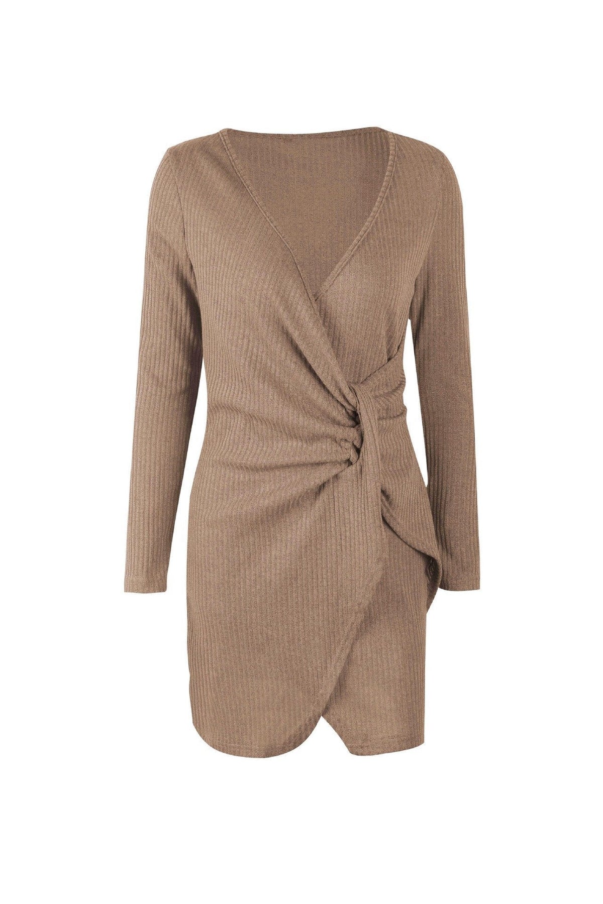 Solid Color V Neck Wrap Sweater Dress Pullover 5201812281531 