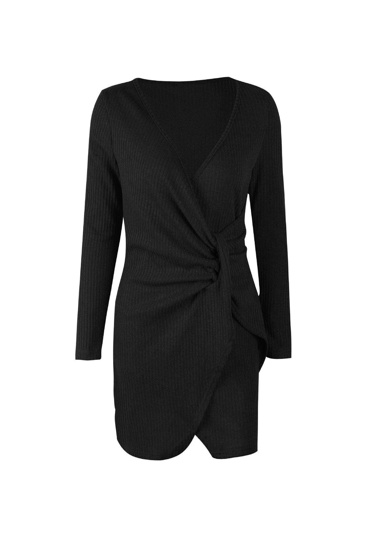 Solid Color V Neck Wrap Sweater Dress Pullover 5201812281531 L black 