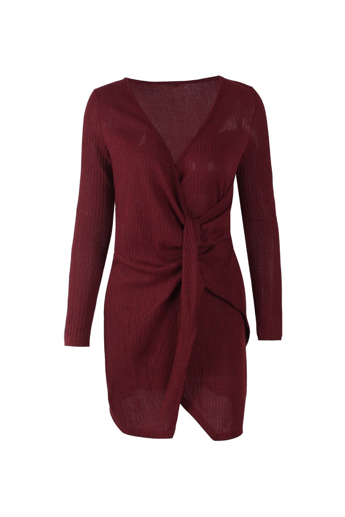 Solid Color V Neck Wrap Sweater Dress Pullover 5201812281531 L darkred 