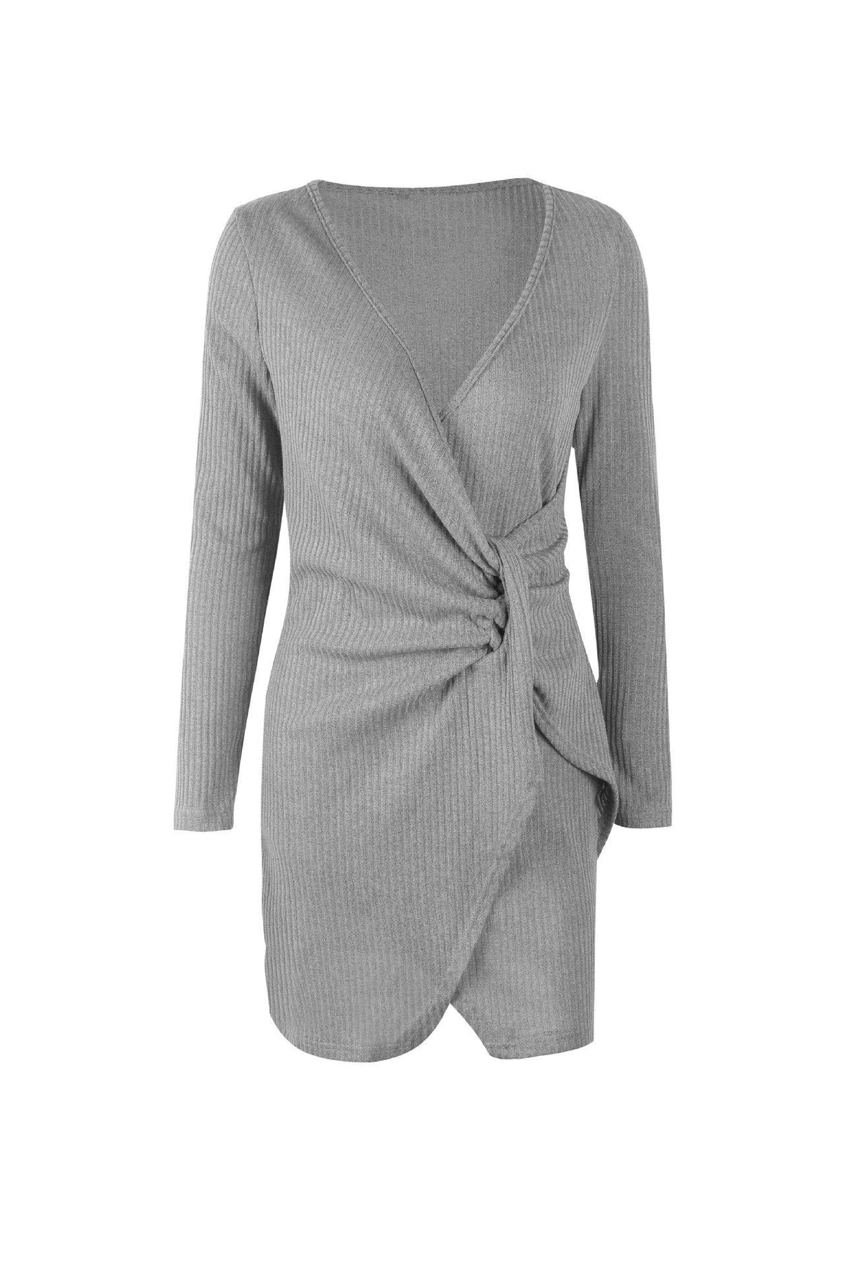Solid Color V Neck Wrap Sweater Dress Pullover 5201812281531 L gray 