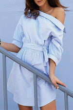 Split Half Sleeve Striped Shirt Dress - Pavacat