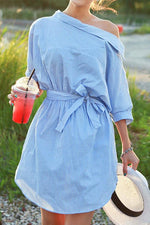 Split Half Sleeve Striped Shirt Dress - Pavacat