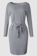 Striped Belt Long-sleeve Dress - Pavacat