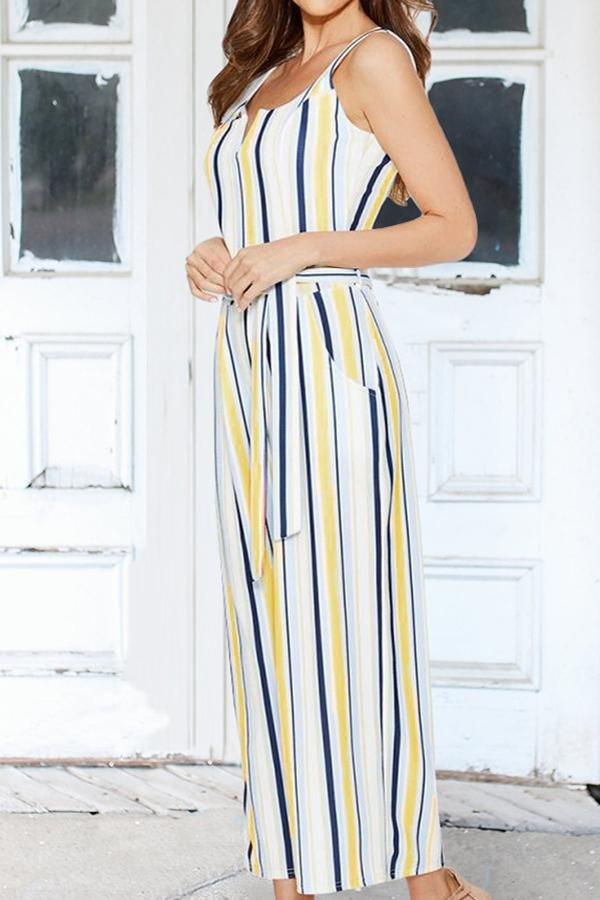 Striped Belt Wide Leg Jumpsuit Jumpsuits & Rompers 5201904110331 