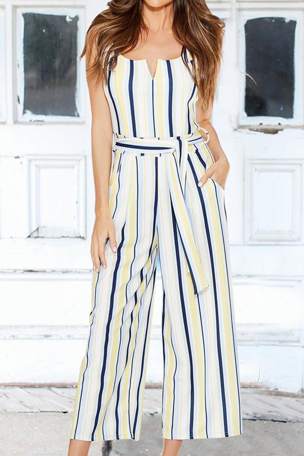 Striped Belt Wide Leg Jumpsuit Jumpsuits & Rompers 5201904110331 L khaki 