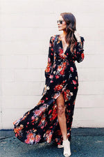 Stylish Floral Print Deep V Neck Maxi Dress Dress chicnico 