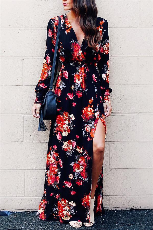 Stylish Floral Print Deep V Neck Maxi Dress Dress chicnico S Lightgray 