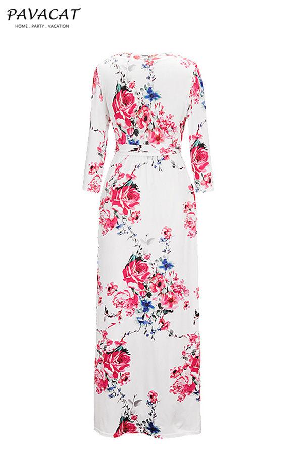 Robe longue fleurie à manches mi-longues