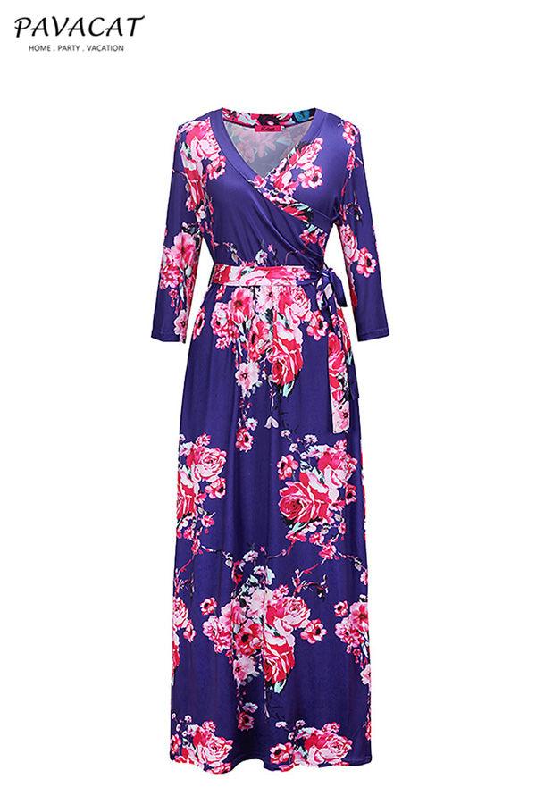 Robe longue fleurie à manches mi-longues