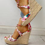 Twine Woven Floral Cross-Strap Wedges Sandals - Pavacat
