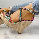 Twine Woven Floral Cross-Strap Wedges Sandals - Pavacat