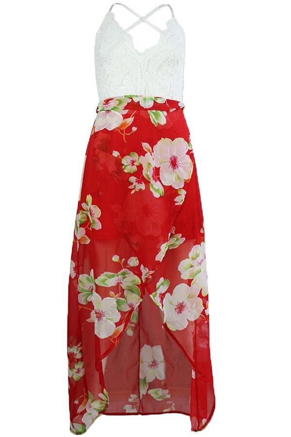 Ethnic Floral Sleeveless Ruffle Dress Dress 5201904110331 L red 