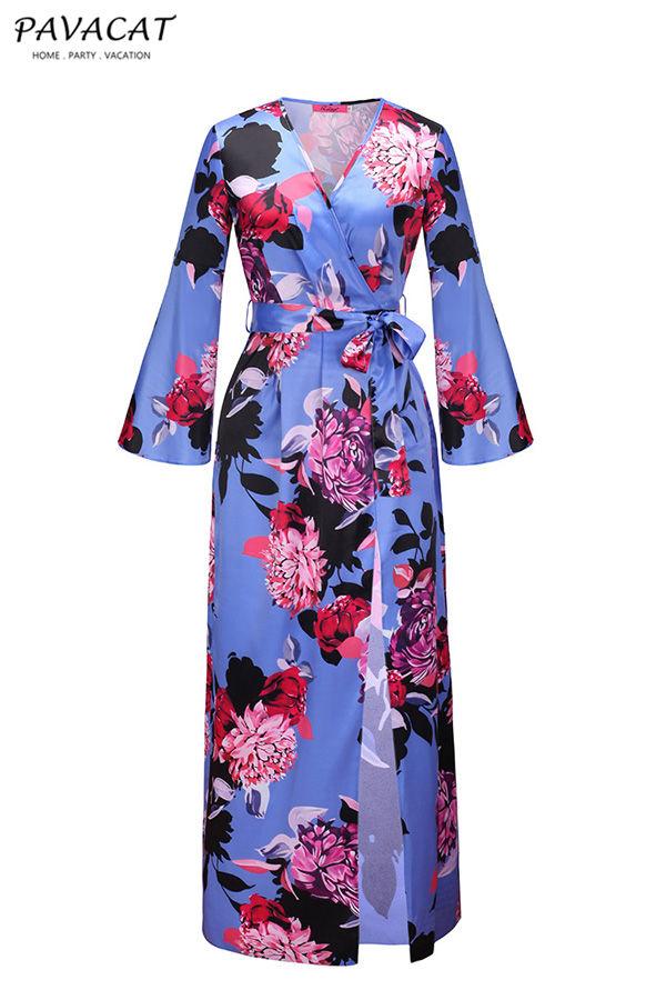 Floral V Neck Slit Maxi Dress Dress 5201901221602 