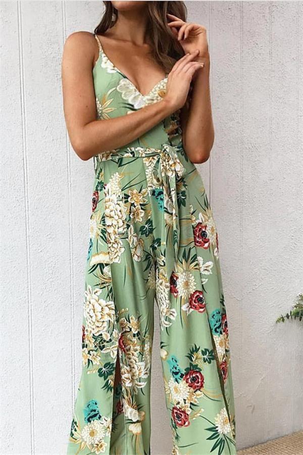 V Neck Floral Slit Jumpsuit - Green Jumpsuits & Rompers 5201812281531 