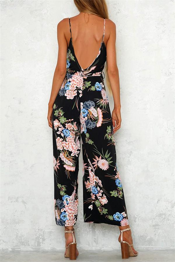 V Neck Floral Slit Jumpsuit - Green Jumpsuits & Rompers 5201812281531 