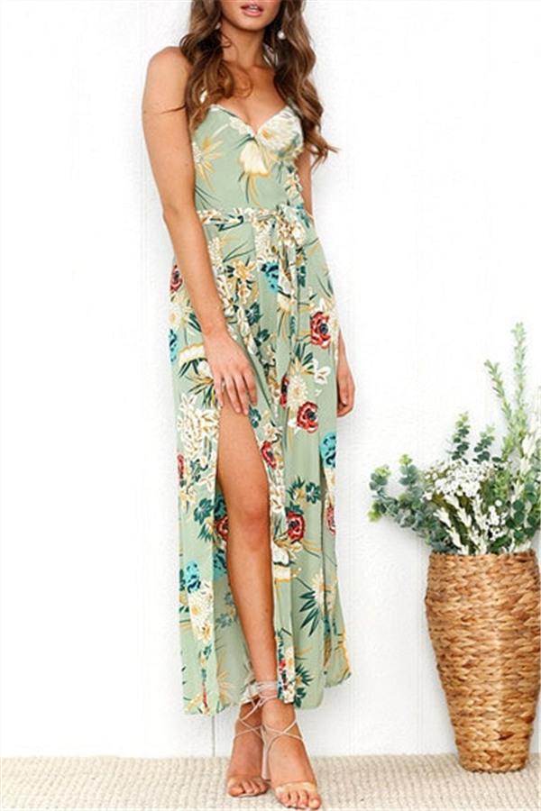 V Neck Floral Slit Jumpsuit - Green Jumpsuits & Rompers 5201812281531 