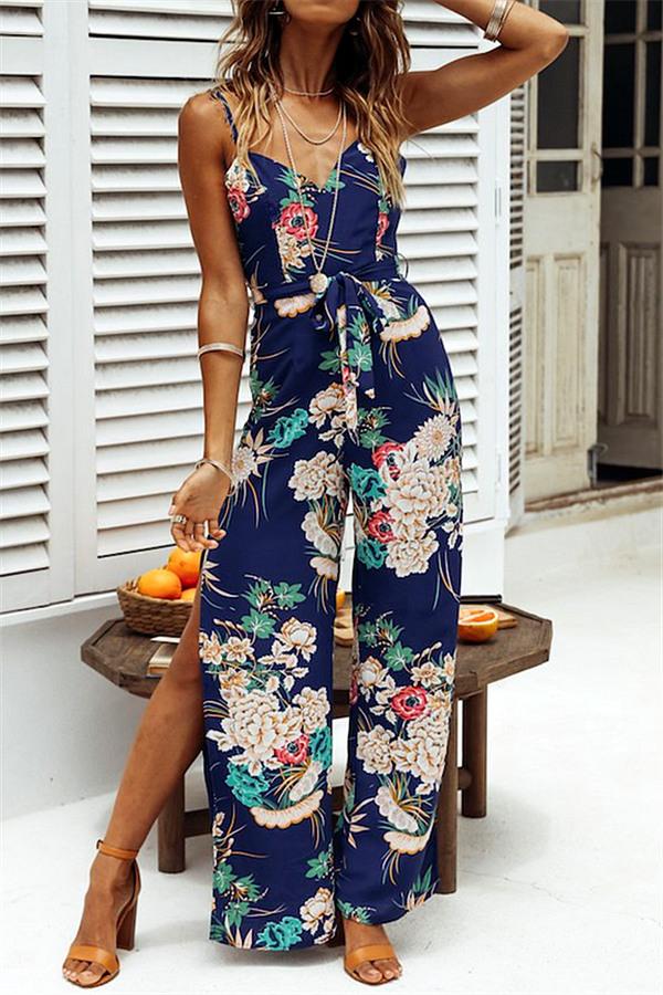V Neck Floral Slit Jumpsuit - Green Jumpsuits & Rompers 5201812281531 S blue 
