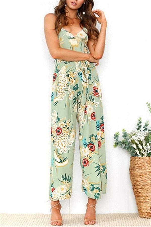 V Neck Floral Slit Jumpsuit - Green Jumpsuits & Rompers 5201812281531 S green 