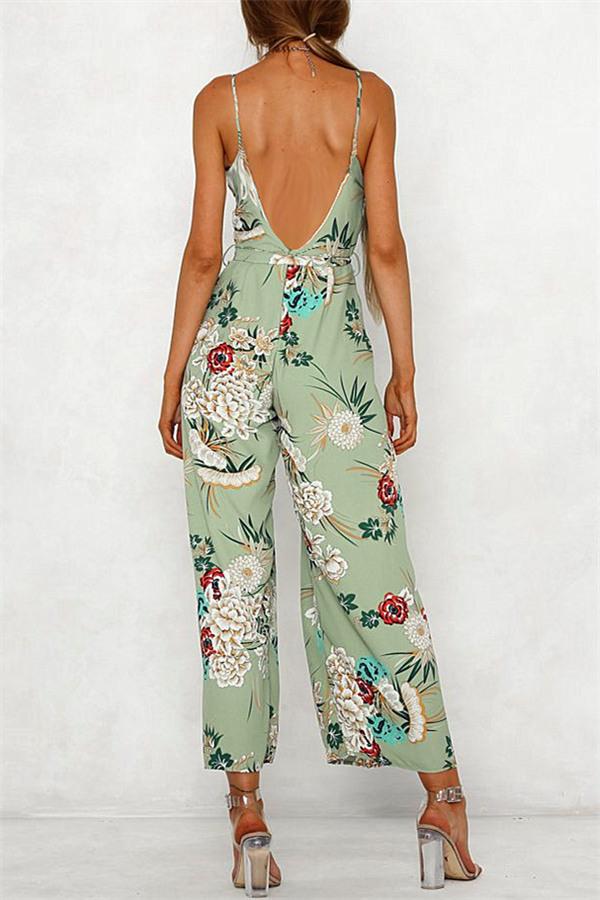 V Neck Floral Slit Jumpsuit - Green Jumpsuits & Rompers 5201812281531 