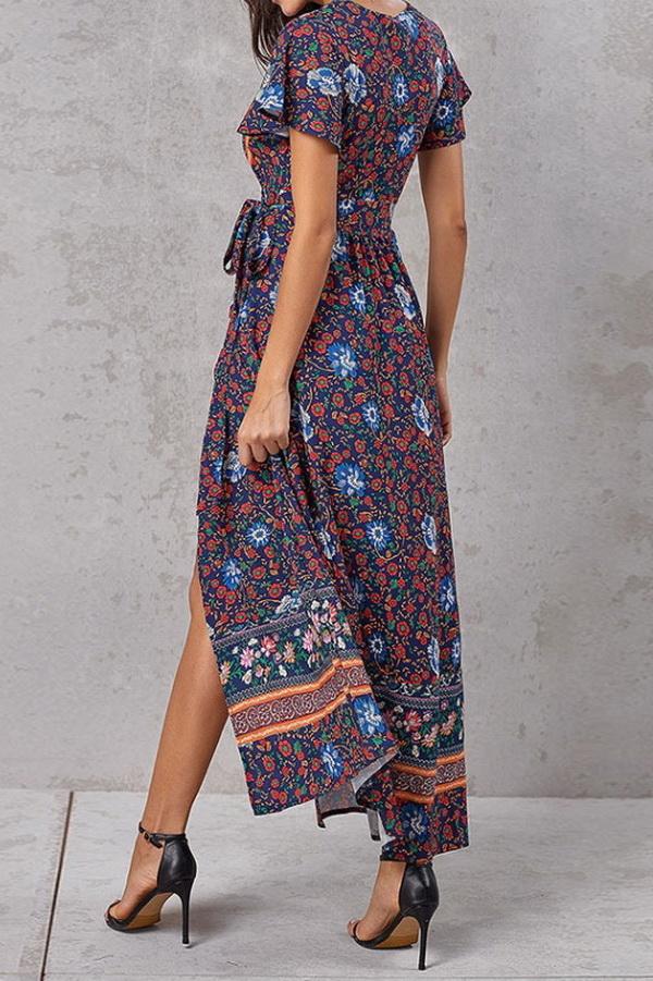 Robe Slim à Manches Courtes et Col en V de Couleur Unie