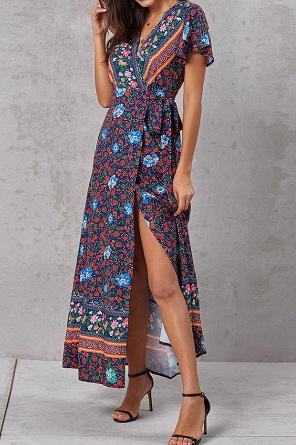 Robe Slim à Manches Courtes et Col en V de Couleur Unie