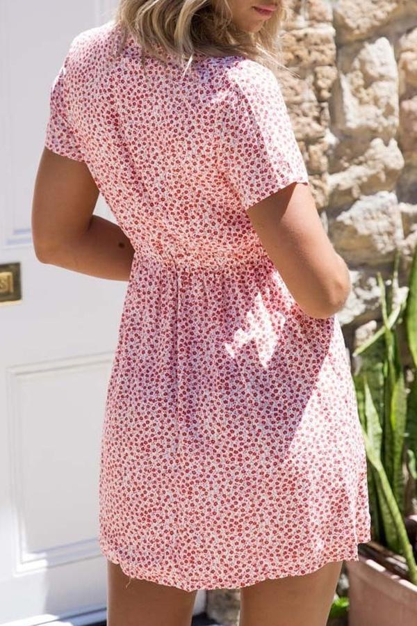V Neck Single Breasted Short Sleeve Floral Dress Dress 5201805021530 