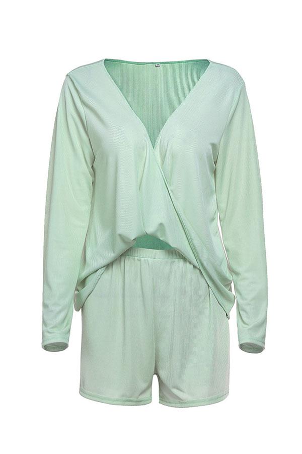 V Neck Top And Shorts Set Jumpsuits & Rompers 5201902090929 L green 