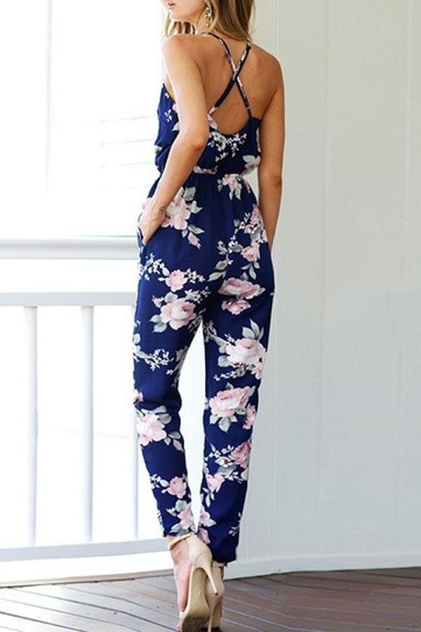 Vintage Deep V-neck Floral Jumpsuit Jumpsuits & Rompers Pavacat 