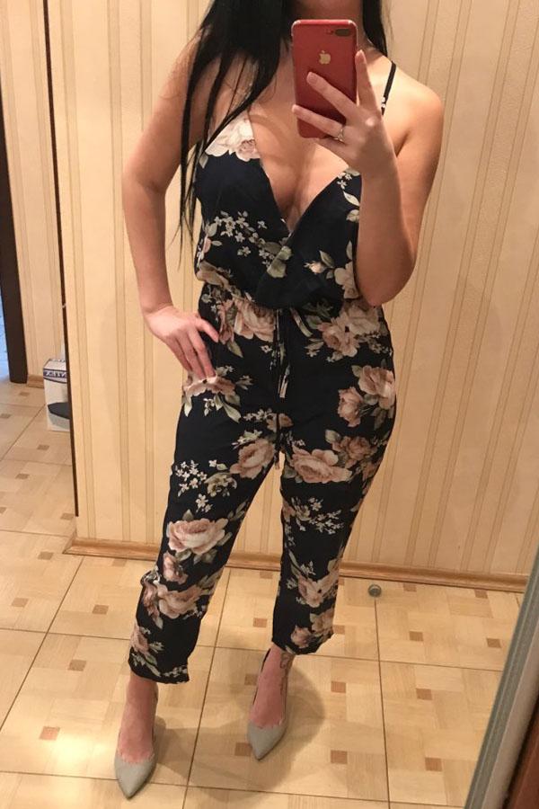 Vintage Deep V-neck Floral Jumpsuit Jumpsuits & Rompers Pavacat 