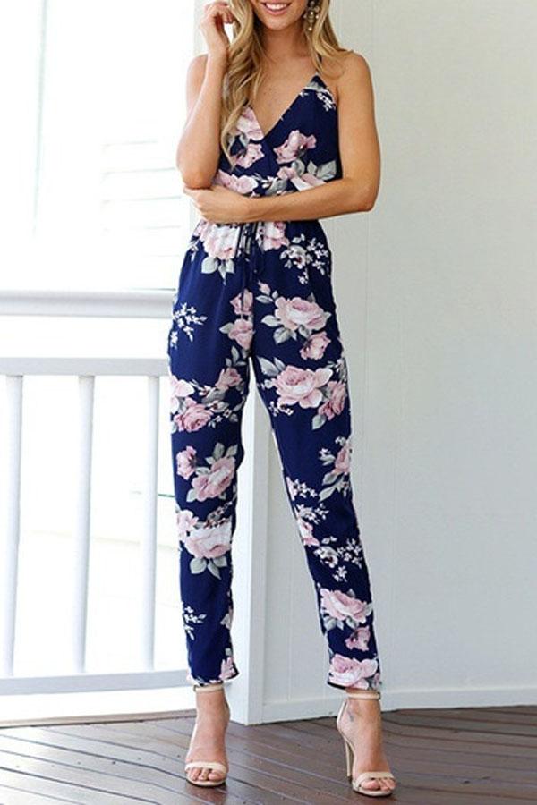 Vintage Deep V-neck Floral Jumpsuit Jumpsuits & Rompers Pavacat S 