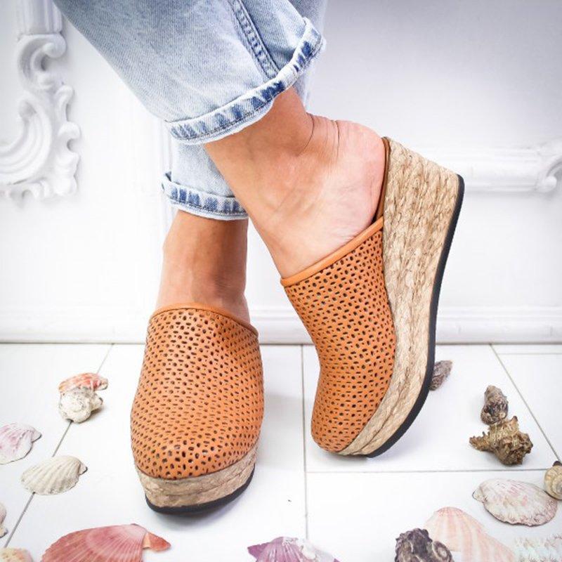 Vintage Hollow-out Closed Toe Wedges Sandals Filler Heel Slippers Sandals Pavacat 