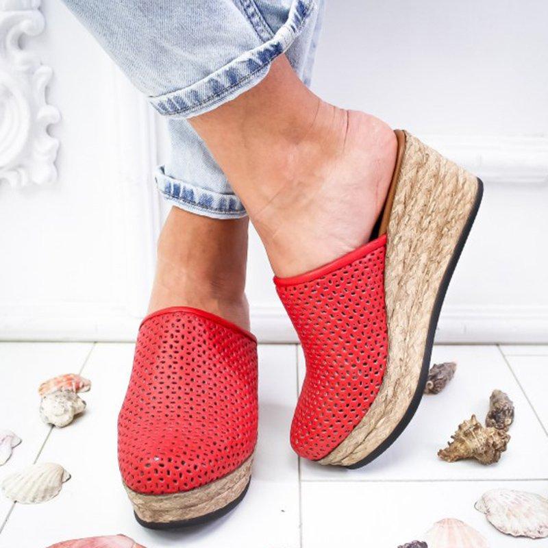Vintage Hollow-out Closed Toe Wedges Sandals Filler Heel Slippers Sandals Pavacat 