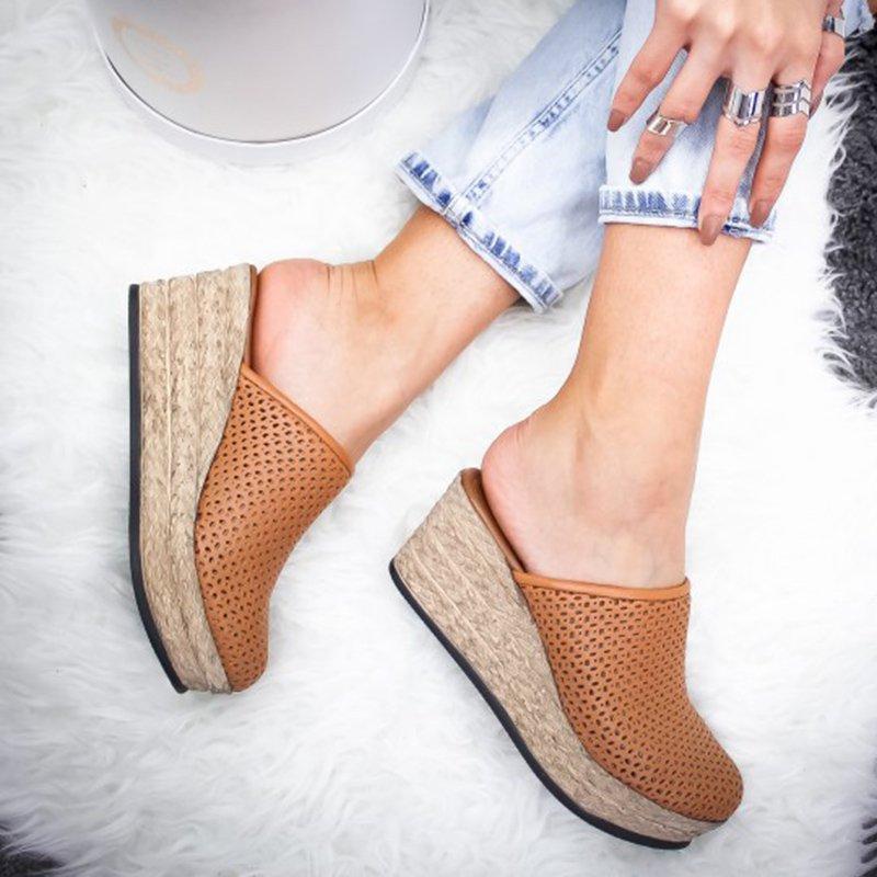 Vintage Hollow-out Closed Toe Wedges Sandals Filler Heel Slippers Sandals Pavacat 