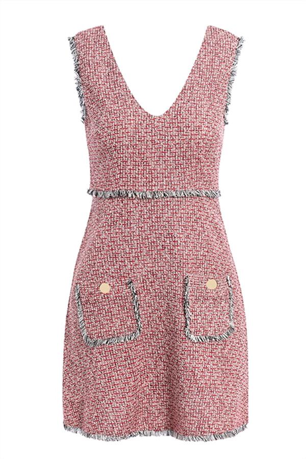 Vintage Tweed Sleeveless V Neck Tassel Dress - Pavacat